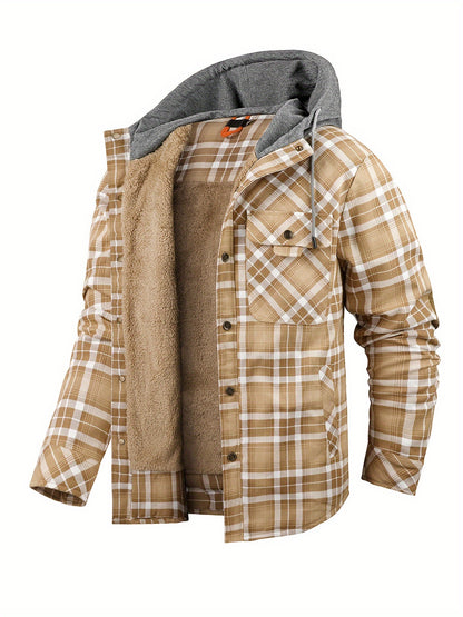 Men’s Plaid Flannel Hooded Jacket – Asymmetrical Button Tartan Coat