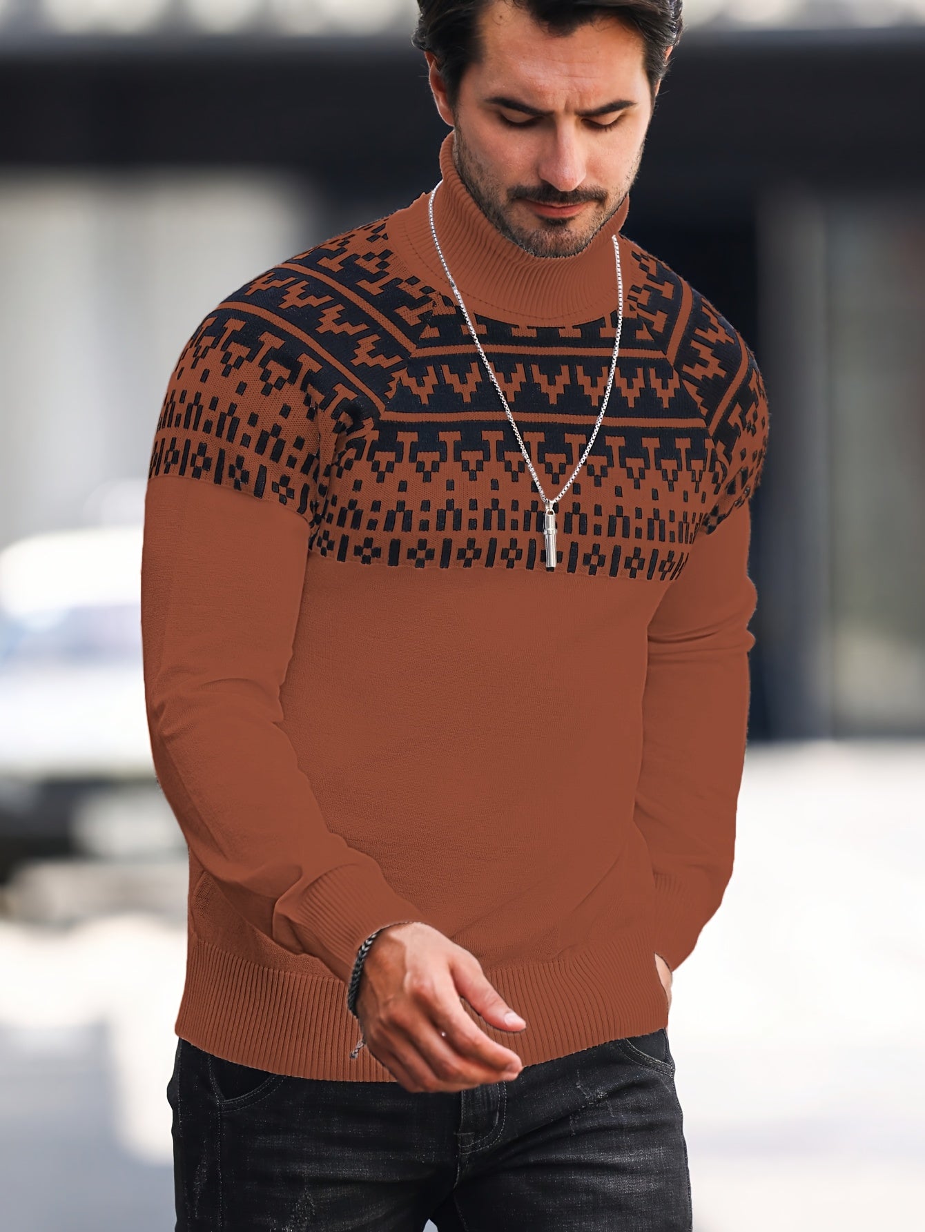 Suéter de cuello alto geométrico para hombre - Suéter informal de punto para otoño e invierno