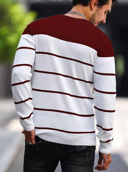 Pull tricoté rayé bleu marine pour homme – Col rond décontracté