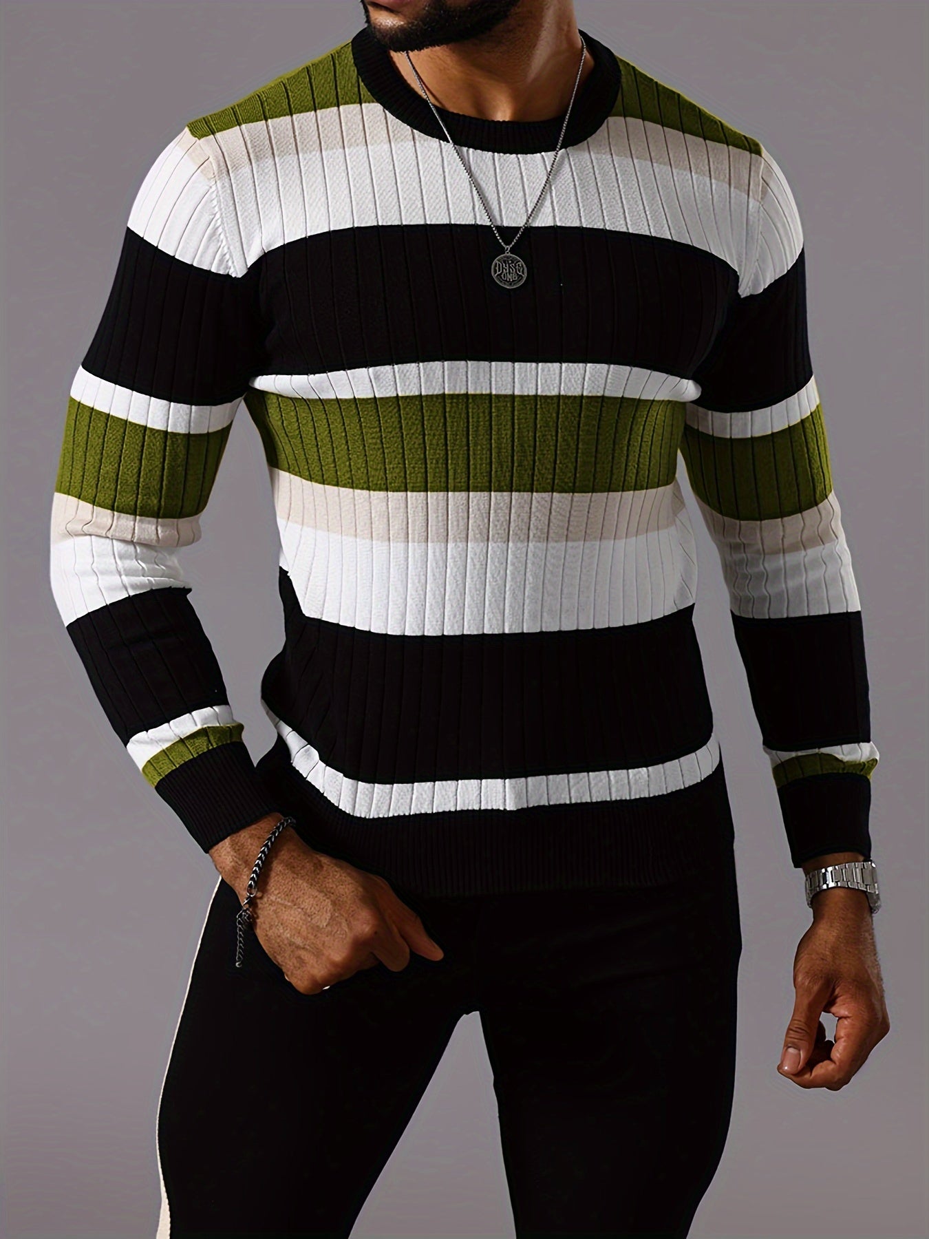 Men’s Striped Ribbed Knit Sweater – Color-Block Fall Winter Pullover