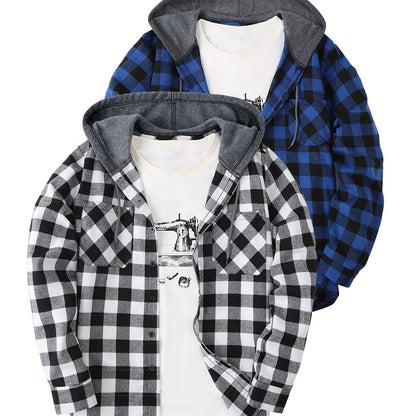 2-Piece Men’s Plaid Hooded Shirts – Button-Up Sweater Jacket Set