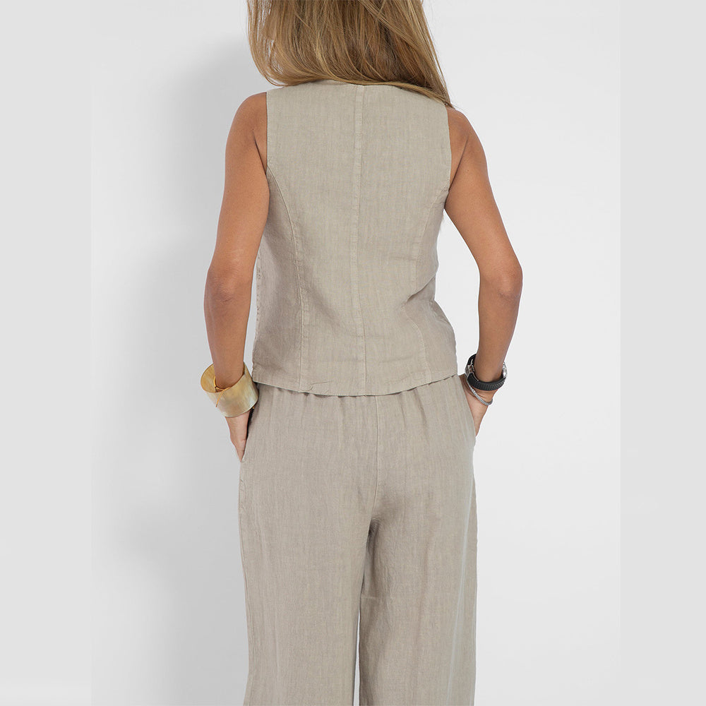 Loom & Soul™ Women’s Cotton-Linen Vest Suit – Sleeveless V-Neck Top & Loose Straight Trousers Set
