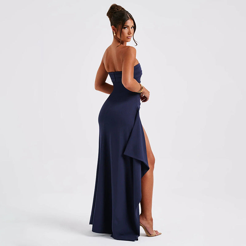 Strapless Pleated Maxi Dress – Elegant Split Bridesmaid Evening Dress