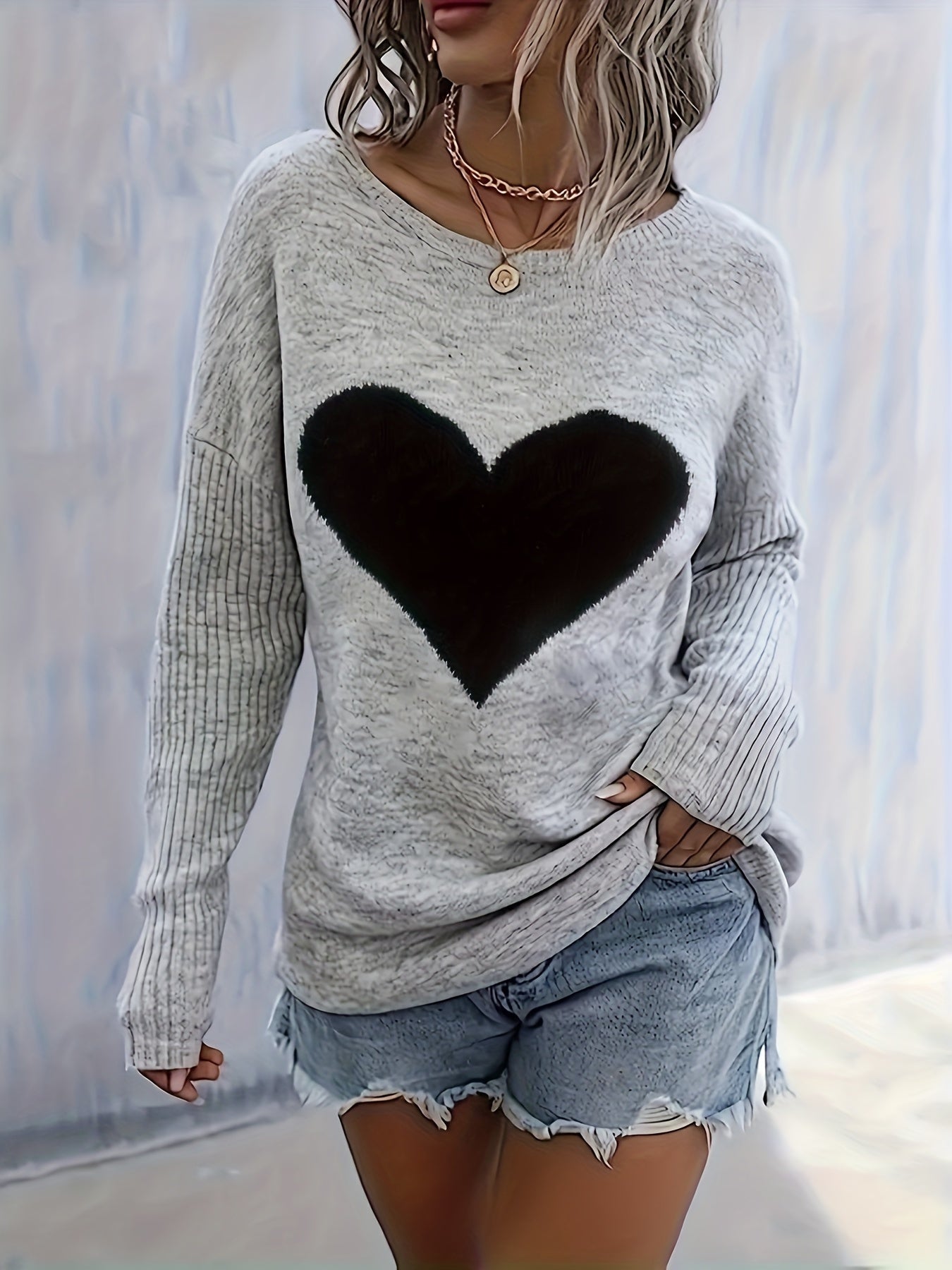 Women’s Black Heart Top – Elegant Soft Crewneck All-Season Blouse