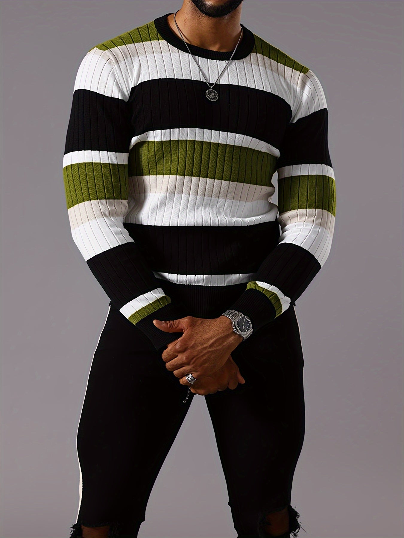 Men’s Striped Ribbed Knit Sweater – Color-Block Fall Winter Pullover