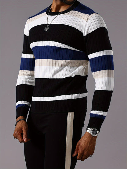 Men’s Striped Ribbed Knit Sweater – Color-Block Fall Winter Pullover