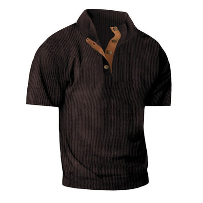 Men’s Corduroy Stand Collar Tee – Textured Casual Short Sleeve