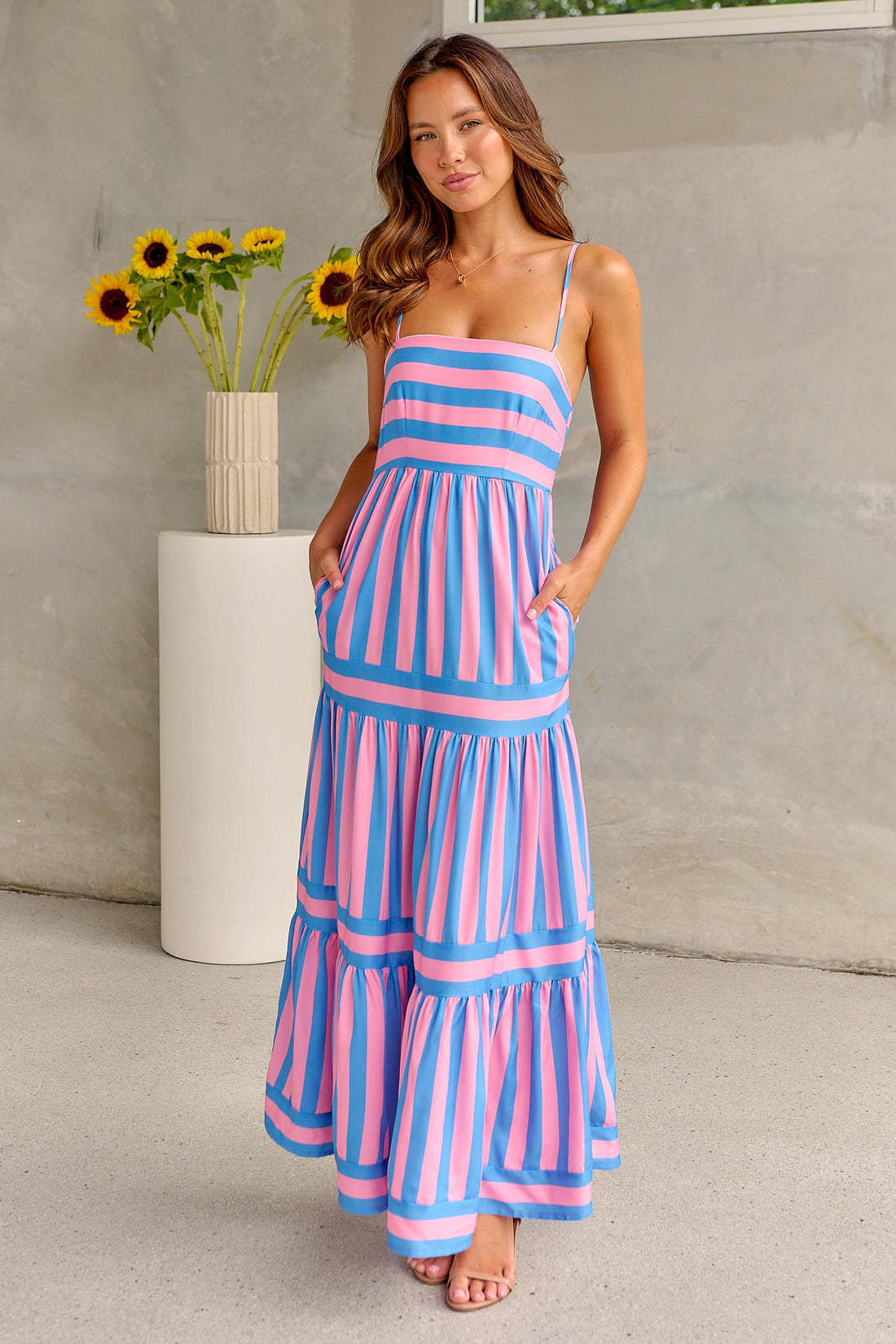 Loom & Soul™ Striped Maxi Sundress – Women’s Backless Square Neck Beach Vacation Dress with Pockets
