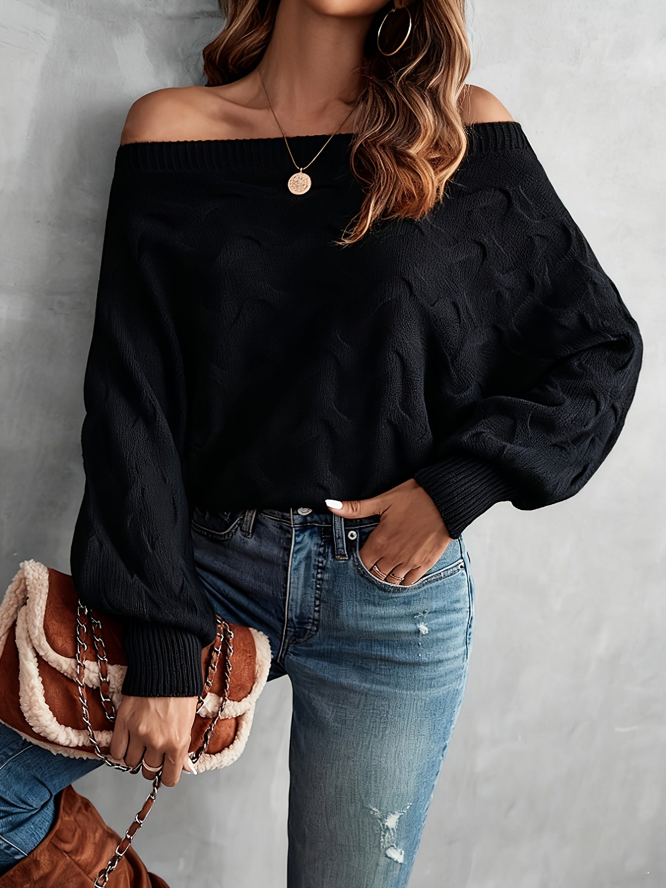 Women’s Off-Shoulder Batwing Sweater – Relaxed All-Season Knit