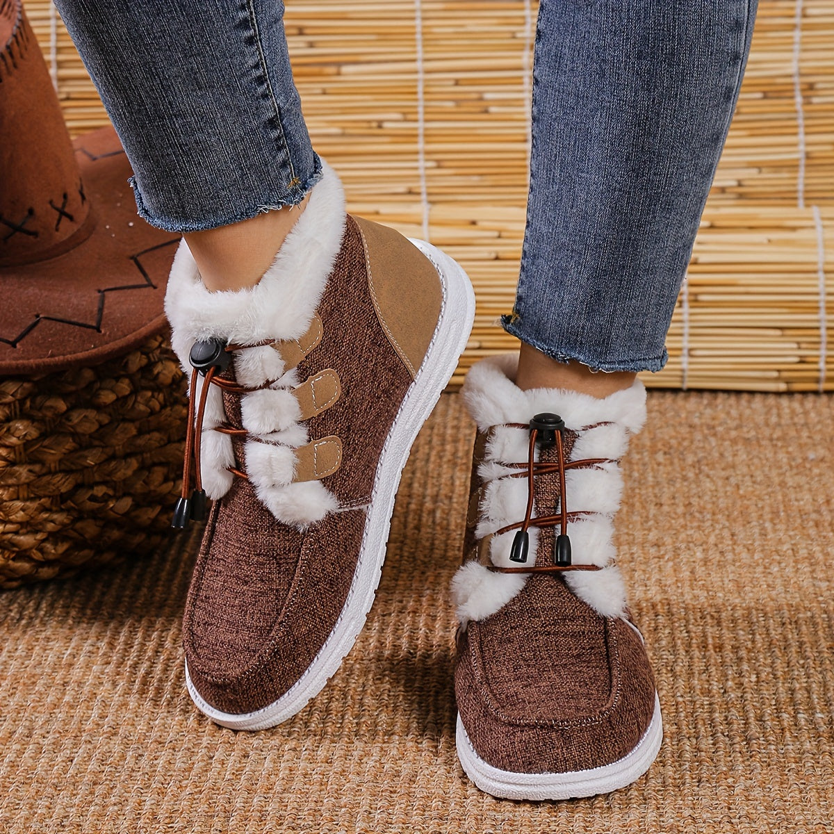 Women’s Faux Fur Slip-On Shoes – Cozy Winter Warm Beige Drawstring Loafers