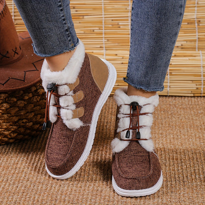 Women’s Faux Fur Slip-On Shoes – Cozy Winter Warm Beige Drawstring Loafers