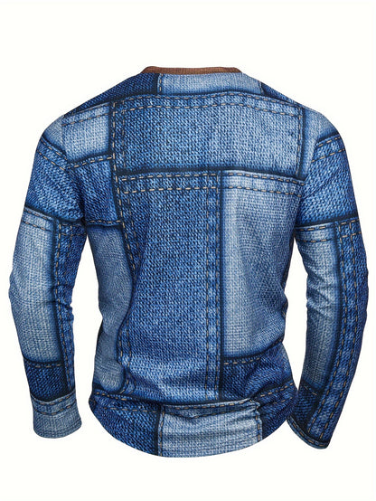 Men’s Geometric Henry Shirt – Long Sleeve Casual Crew Neck Top