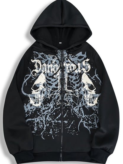 Men’s Skull Print Hooded Jacket – Zip-Up Casual Fall/Winter Hoodie