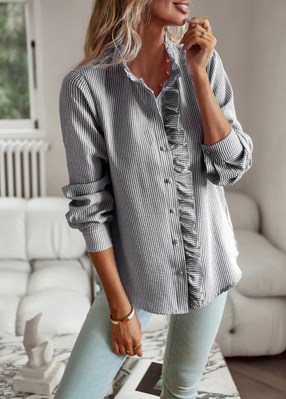 Loom & Soul™ Striped Ruffle Button-Up Blouse – Elegant Long-Sleeve Office & Casual Shirt for Women
