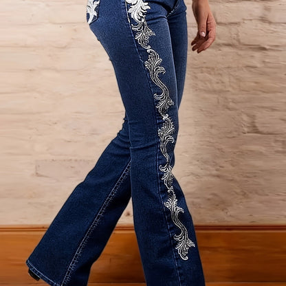 Women’s Flare Jeans – Dark Blue Bootcut with Side Print Design
