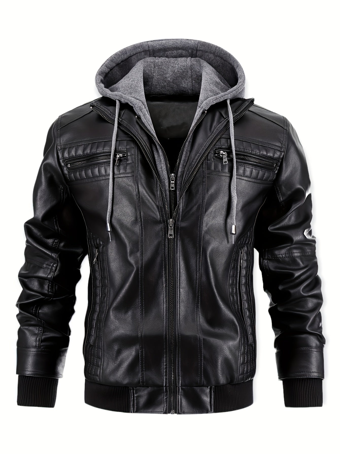 Chaqueta Bomber de Cuero Sintético para Hombre – Con Cremallera y Capucha Removible