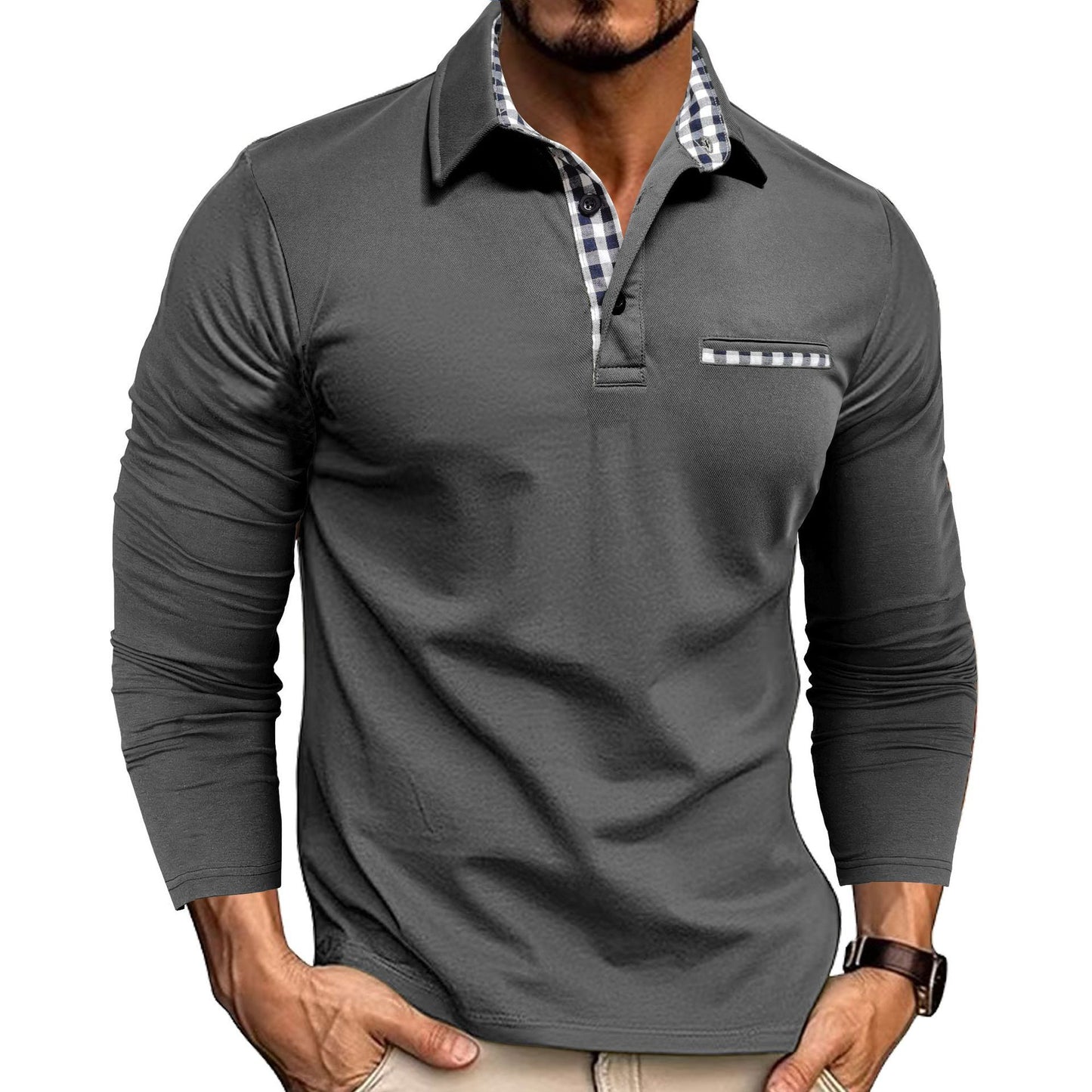 Loom & Soul™ Men’s Plaid Splicing Polo Shirt – Long Sleeve Casual Solid Color Top