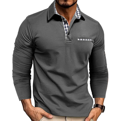 Loom & Soul™ Men’s Plaid Splicing Polo Shirt – Long Sleeve Casual Solid Color Top