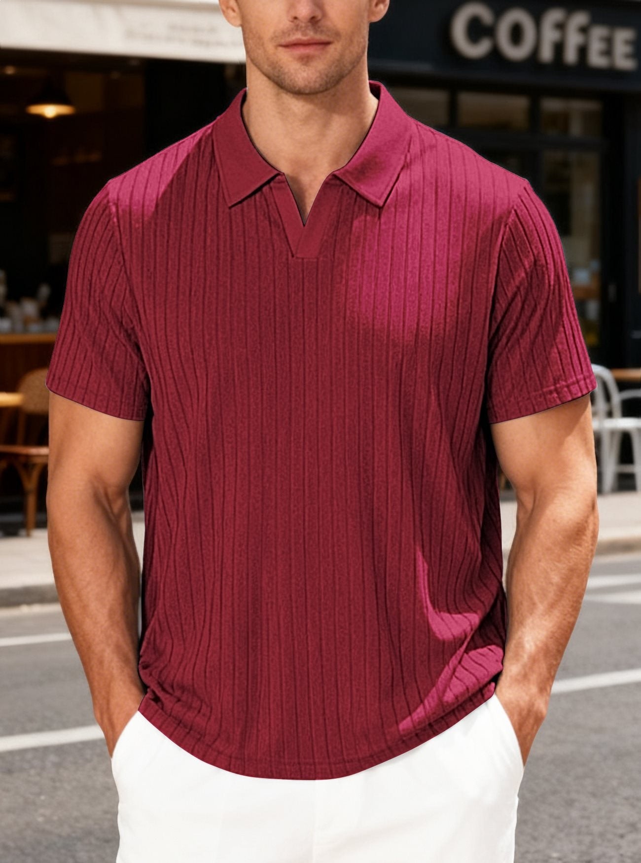 Men’s Jacquard Striped Shirt – Textured Lapel Summer Fit