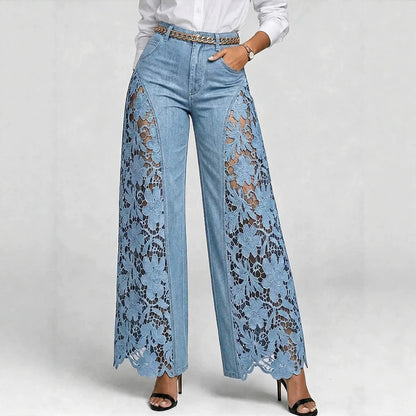 Women’s Lace Panel Jeans – High Waist Wide-Leg Denim