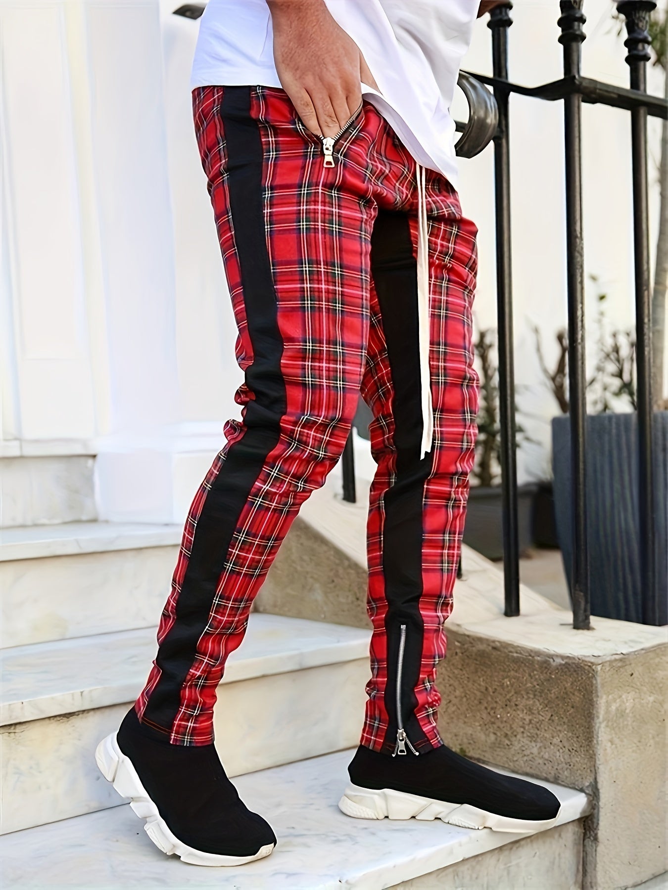 Men’s Red & Black Plaid Joggers – 3D Knit Streetwear Trousers