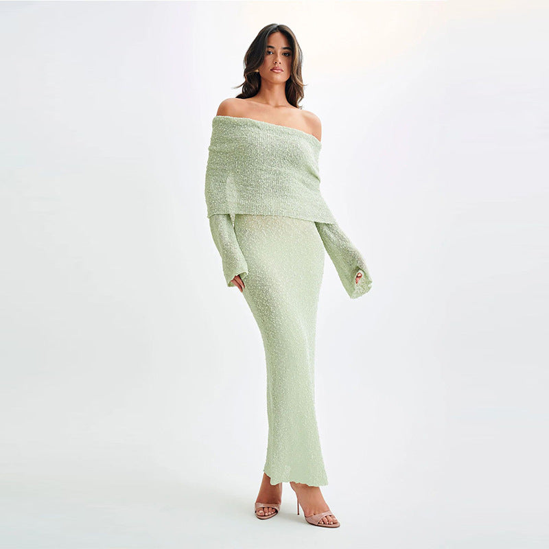One-Shoulder Knit Maxi Dress – Elegant Long Sleeve Beach Dress