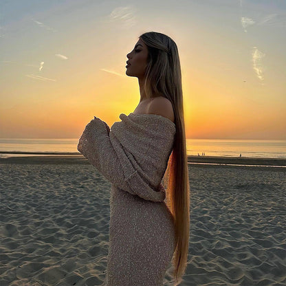 One-Shoulder Knit Maxi Dress – Elegant Long Sleeve Beach Dress
