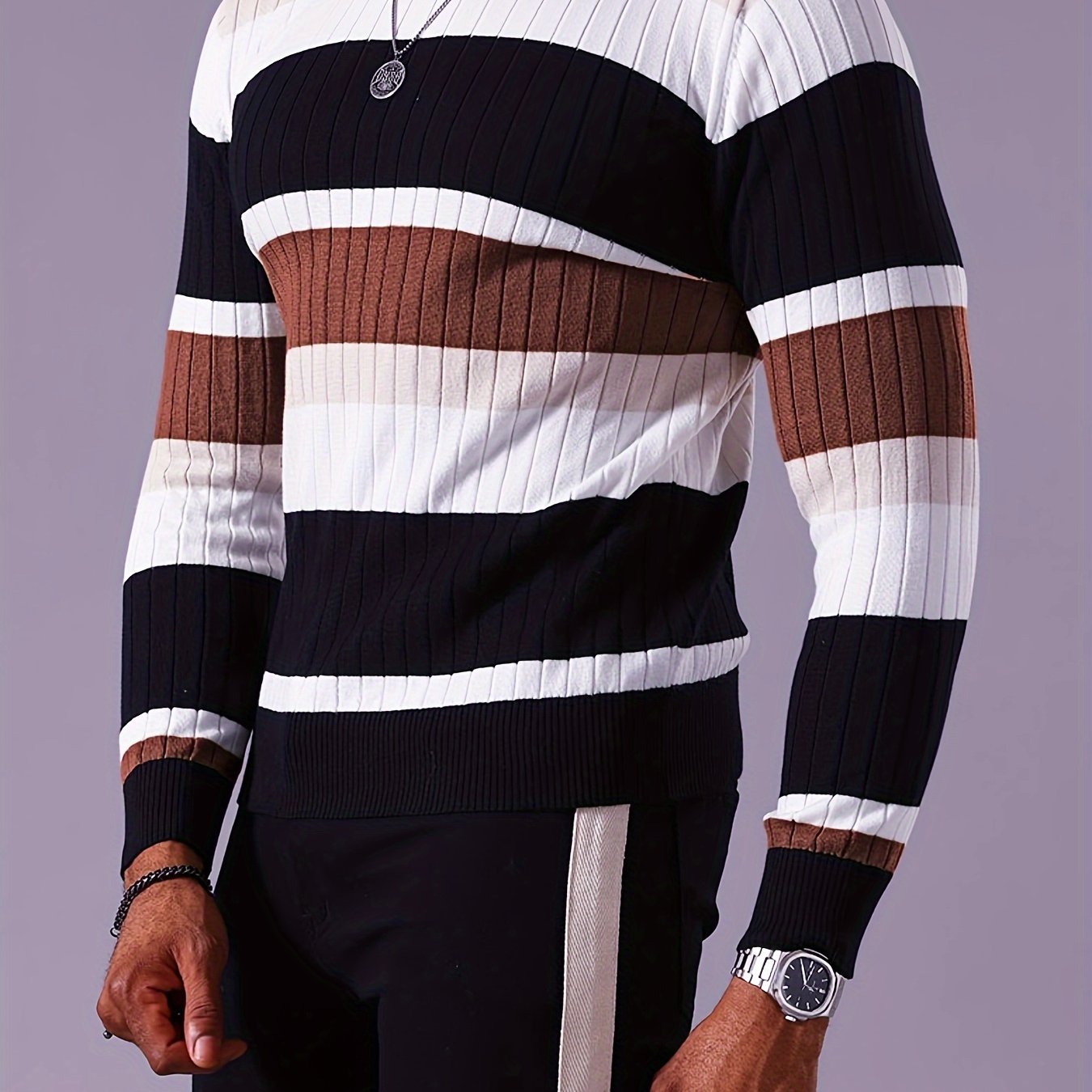 Men’s Striped Ribbed Knit Sweater – Color-Block Fall Winter Pullover