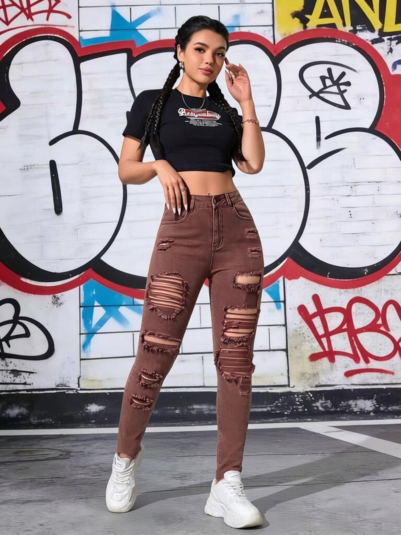Women’s Brown Ripped Skinny Jeans – High Waist Stretch Fit