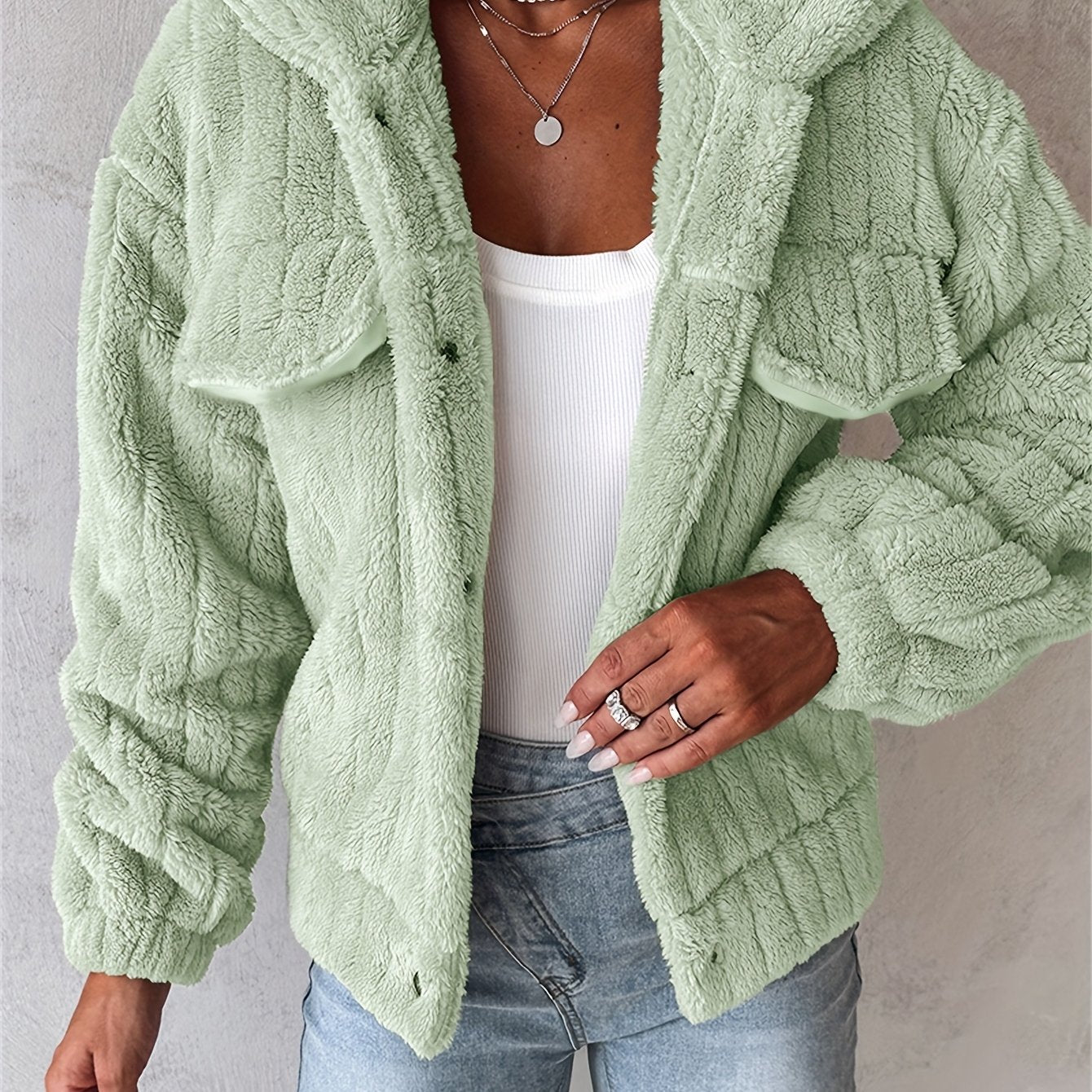 Women’s Soft Pink Plush Jacket – Button-Up Lapel Winter Cozy Outerwear