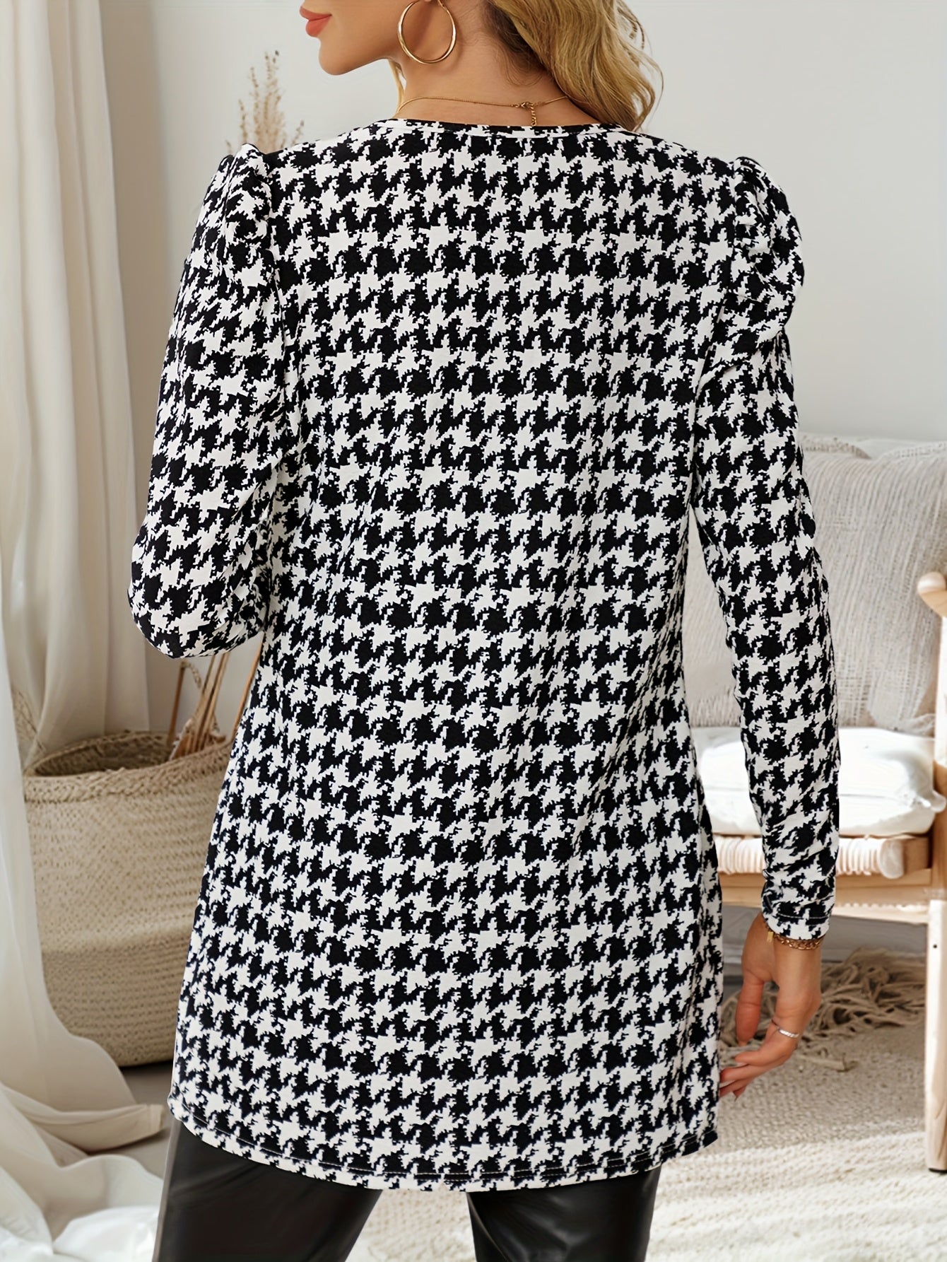 Women’s Houndstooth Cardigan – Elegant Puff-Sleeve Knit Jacket