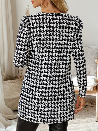 Women’s Houndstooth Cardigan – Elegant Puff-Sleeve Knit Jacket