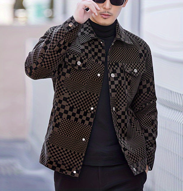 Men’s Checkered PU Coat – Black & Brown Houndstooth Street Jacket