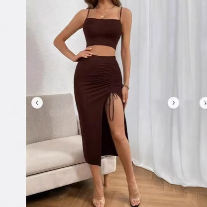 Conjunto de vestido midi sin mangas con abertura – Elegante conjunto de dos piezas ajustado