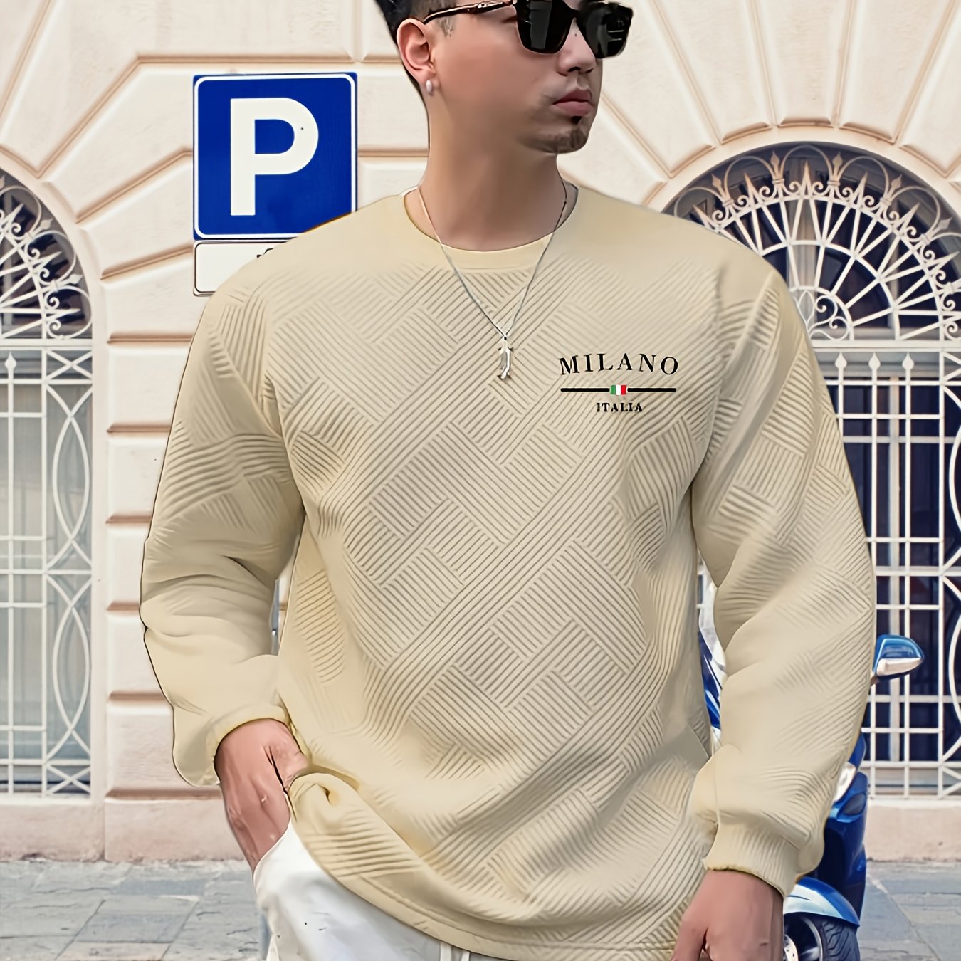 Sweat-shirt ras du cou jacquard homme – Pull décontracté à manches longues motifs géométriques