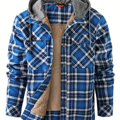 Men’s Plaid Flannel Hooded Jacket – Asymmetrical Button Tartan Coat