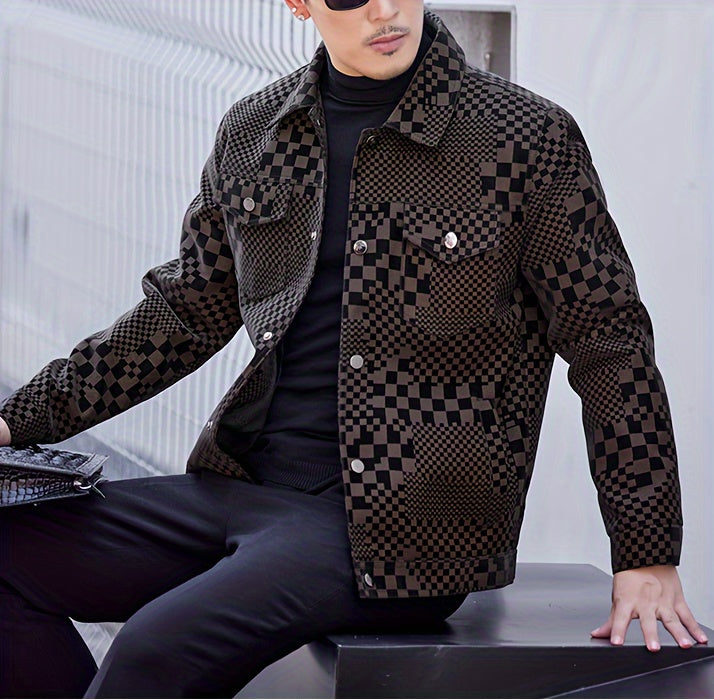 Men’s Checkered PU Coat – Black & Brown Houndstooth Street Jacket