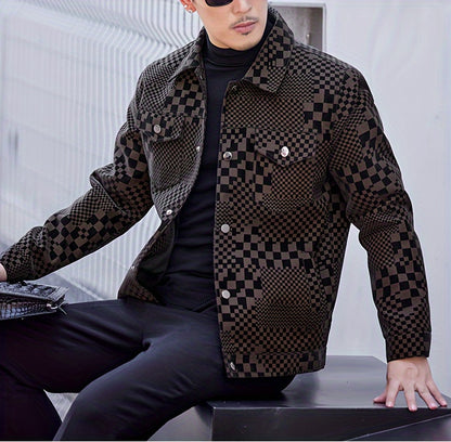 Men’s Checkered PU Coat – Black & Brown Houndstooth Street Jacket