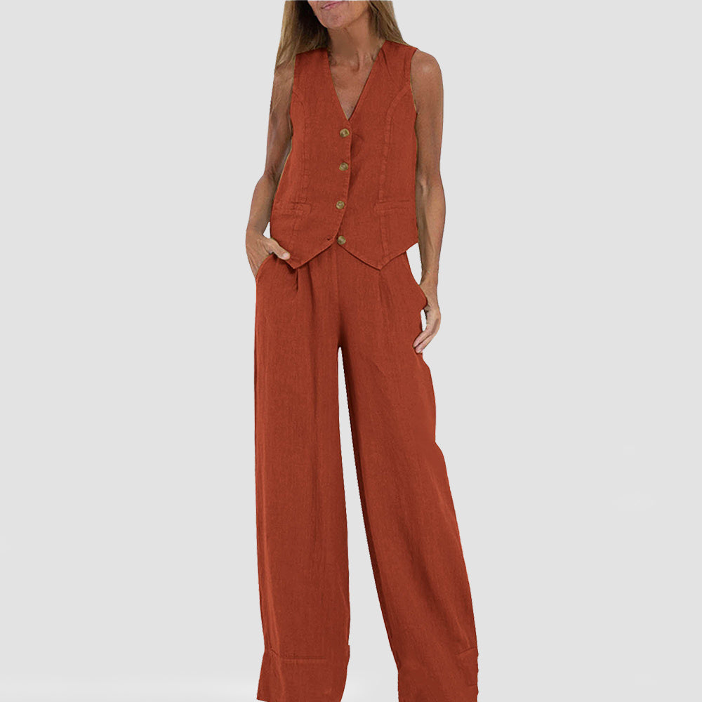 Loom & Soul™ Women’s Cotton-Linen Vest Suit – Sleeveless V-Neck Top & Loose Straight Trousers Set