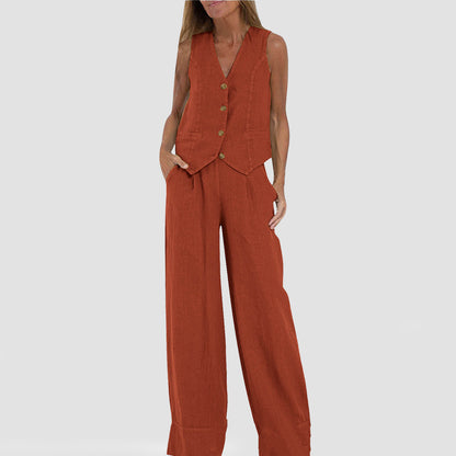 Loom & Soul™ Women’s Cotton-Linen Vest Suit – Sleeveless V-Neck Top & Loose Straight Trousers Set