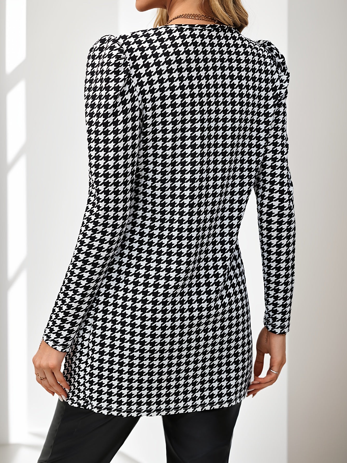 Women’s Houndstooth Cardigan – Elegant Puff-Sleeve Knit Jacket