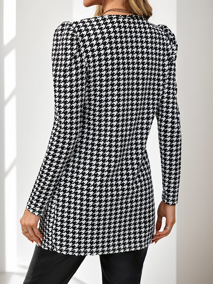 Women’s Houndstooth Cardigan – Elegant Puff-Sleeve Knit Jacket