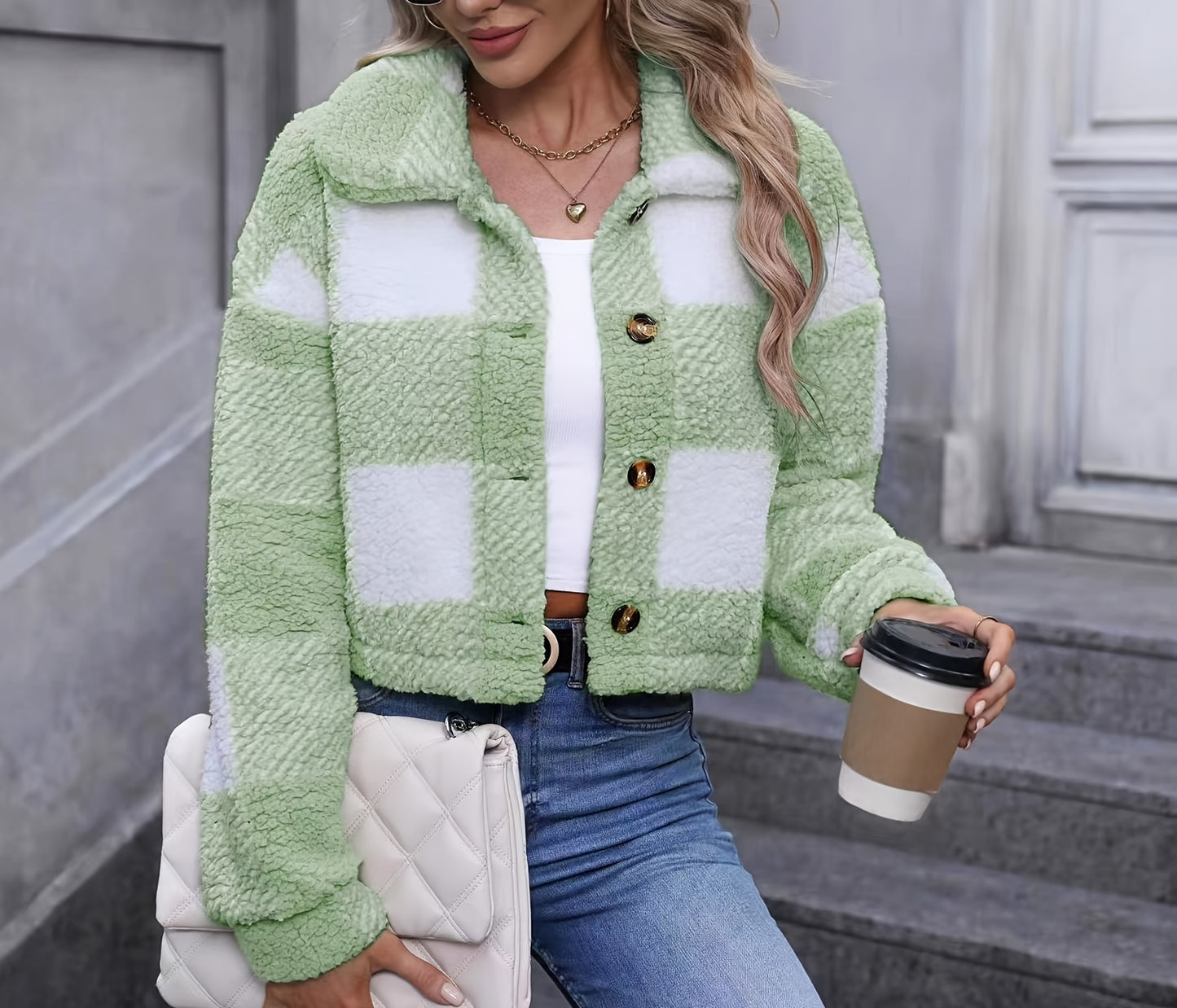 Women’s Plaid Teddy Coat – Button-Up Warm Checkered Fall/Winter Outerwear