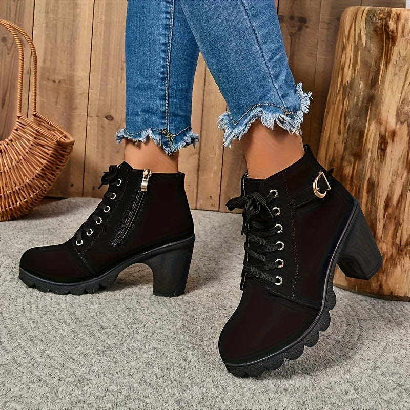 Botines de tacón grueso para mujer – Negro, con cremallera, ajuste cómodo