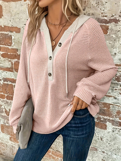 Women’s Color Block Hoodie – Button-Front Drawstring Casual Sweatshirt