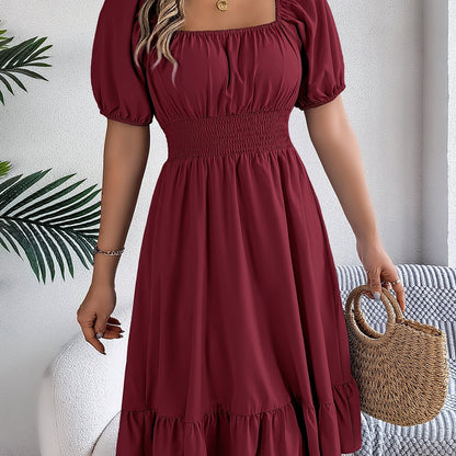Vestido maxi de línea A con cuello cuadrado y mangas abullonadas – Elegante para primavera y verano