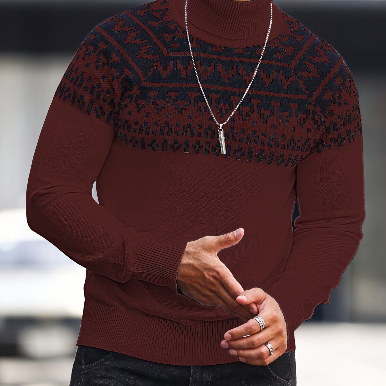Suéter de cuello alto geométrico para hombre - Suéter informal de punto para otoño e invierno