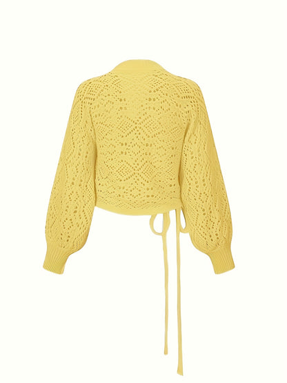 Elegant V-Neck Lantern Sleeve Sweater – Lightweight All-Season Pullover