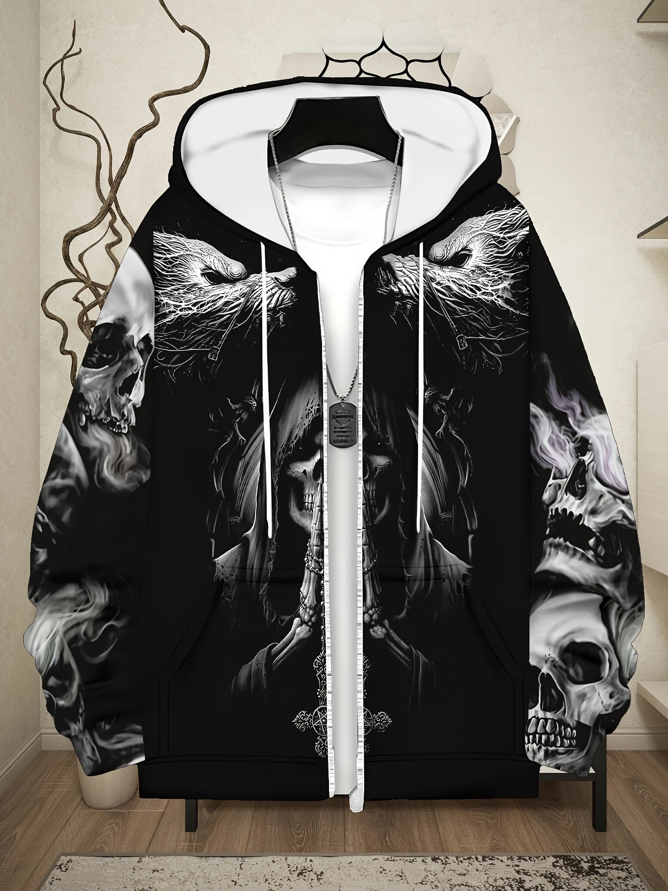 Loom & Soul Men’s Gothic Skull Zip Hoodie – Fiery Wing Streetwear Jacket