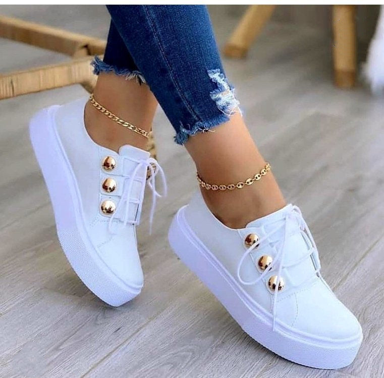 Loom & Soul™ Rivet Lace-Up Sneakers – Women’s PU Leather Casual Shoes with 3–5CM Lift & Wear-Resistant Sole